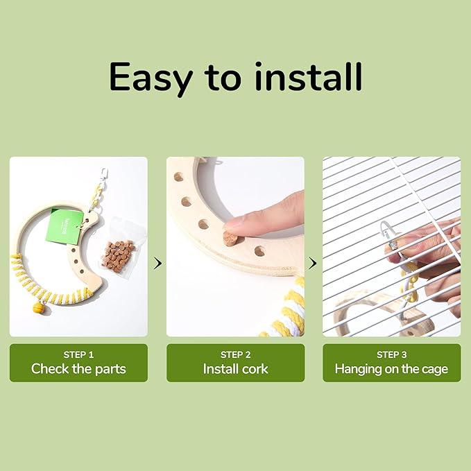 Natural Bird Swing - Tree-Shaped Parrot Perch with Bell and Cork Toys, Spinning Wooden Stand for Parakeets, Budgies, Lovebirds and Small/Medium Birds (White + Green)