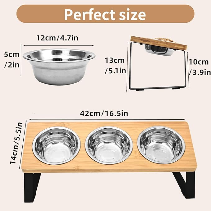 Raised Cat Food Water Bowl，Small Dog 15 ° Tilted Elevated Food Feeding Tray with Three Stainless Steel Bowls to Protect The Spine of Cats and Dogs from Vomiting (Wood Color) (3 Bowls)