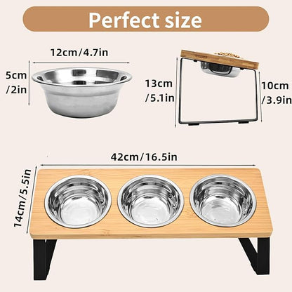 Raised Cat Food Water Bowl，Small Dog 15 ° Tilted Elevated Food Feeding Tray with Three Stainless Steel Bowls to Protect The Spine of Cats and Dogs from Vomiting (Wood Color) (3 Bowls)