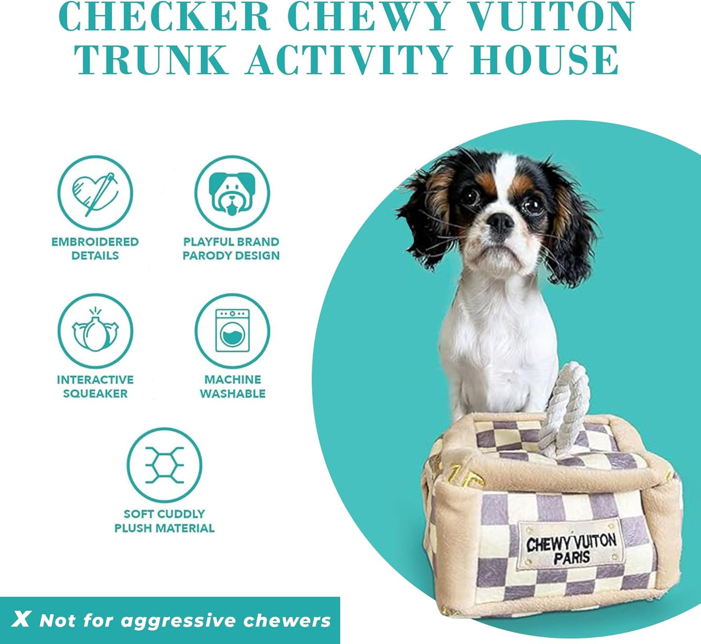 Haute Diggity Dog Checker Chewy Vuiton Trunk Activity House, Plush Designer Dog Toys with Interactive Squeaker, Stimulating Pet Enrichment, Machine-Washable & Safe Materials for All Breeds, One Size