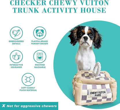 Haute Diggity Dog Checker Chewy Vuiton Trunk Activity House, Plush Designer Dog Toys with Interactive Squeaker, Stimulating Pet Enrichment, Machine-Washable & Safe Materials for All Breeds, One Size