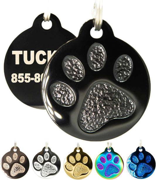 Engraved Pet Tag for Dogs and Cats - Personalized Front & Back up to 4 Lines of Text Custom Engraved ID, Round Paw Print Solid Plating Stainless Steel Black Small