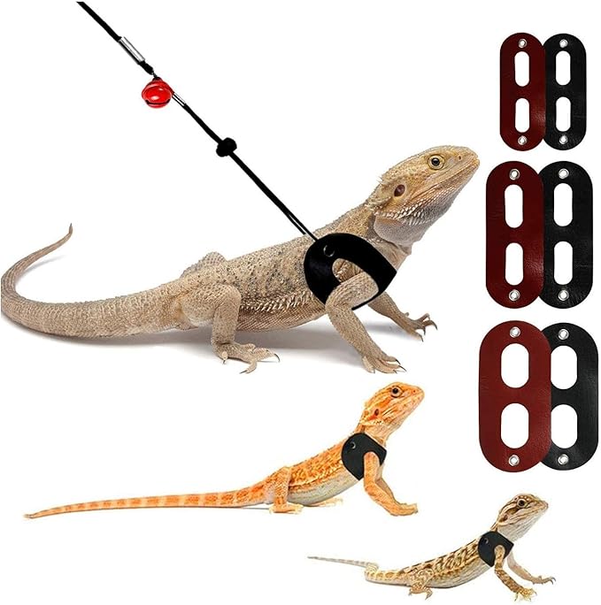 2 Colors Bearded Dragon Harness and Leash Adjustable(S,M,L) - Soft Leather Reptile Lizard Leash for Amphibians and Other Small Pet Animals Red Black