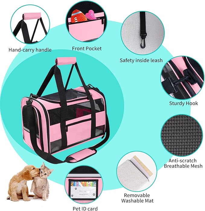 20" Large Cat Carrier Soft Side Dog Carrier Pet Carrier for Medium Small Dogs Cats Collapsible Soft Sided Pet Carrier for Cats Dogs Puppy of 25 lbs, Pink