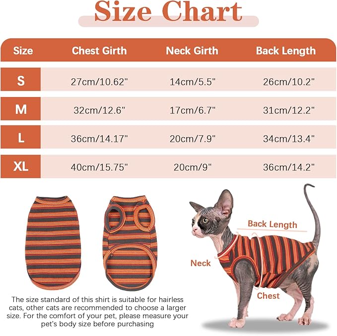 BRKURLEG Sphynx Hairless Cats Shirt Puppy Clothes Soft Cotton T-Shirts Cute Cats Pajamas Cat Stripes Vest Pet Sweater, Round Collar Vest Kitten Shirts(Red Stripes, XL)