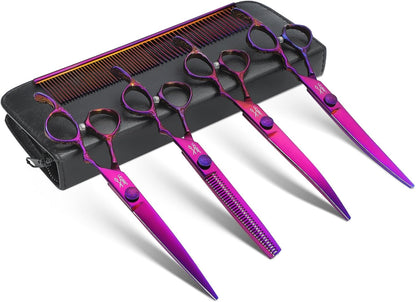 JASON Professional 6 in 1 Dog Shears Kit - 6.5" Thinning, 7" Straight, 7" Up-Curved, 7" Down-Curved Scissors and Comb for Cat, Pet with Adjustable Screw (Purple)