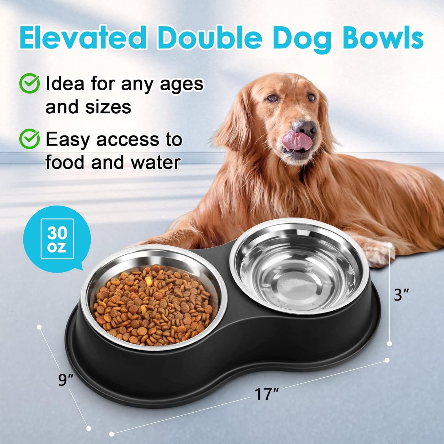 Dog Bowls Large Double Dog Water and Food Bowls Stainless Steel Bowls with Non-Slip Resin Station, Pet Feeder Bowls Food Dish for Small Medium Large Dogs Cats