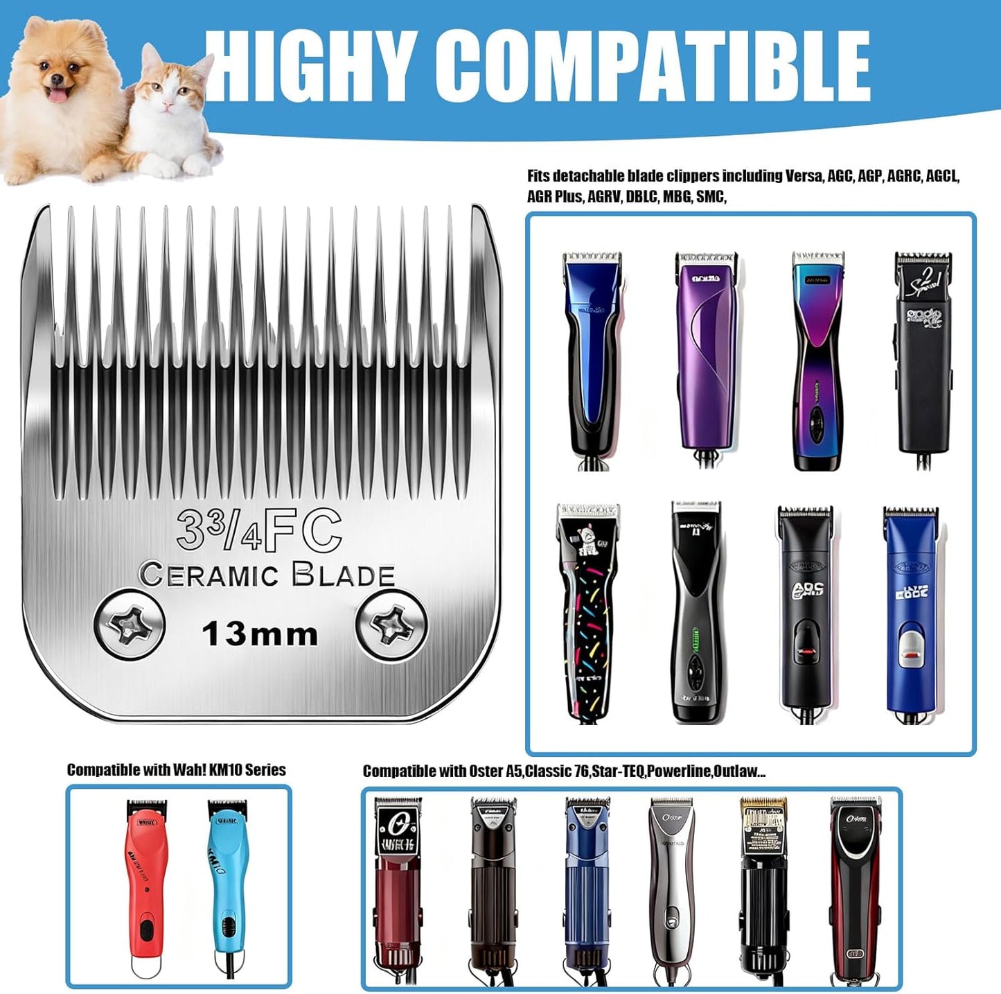 Dog Grooming Replacement Blades Compatible with Andis Dog Clipper, Dog Clipper Blades Compatible with Oster A5,Wahl KM-10 Series Dog Clipper,3FC Blades (13mm)