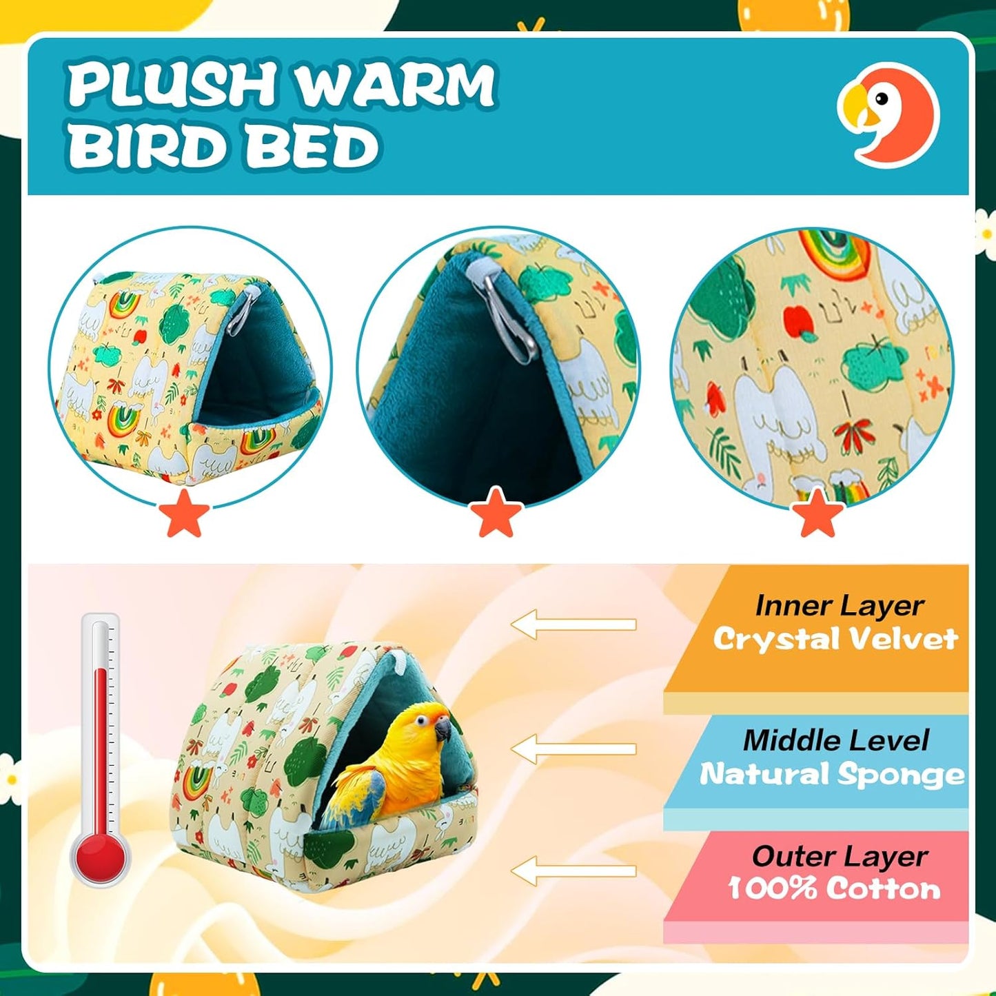 SUSOO Plush Warm Bird Nest House - Hanging Snuggle Bed Velvet Shed Hut Cage Fluffy Hideaway Winter Sleeping Hammock for Parrot Parakeet Conure Cockatiel Budgies Lovebird (Green, L)