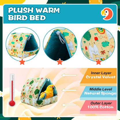 SUSOO Plush Warm Bird Nest House - Hanging Snuggle Bed Velvet Shed Hut Cage Fluffy Hideaway Winter Sleeping Hammock for Parrot Parakeet Conure Cockatiel Budgies Lovebird (Green, L)