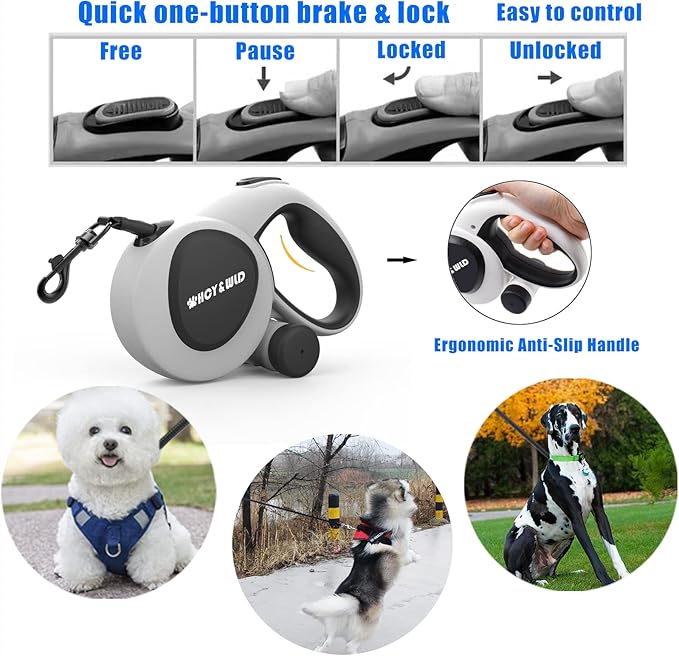 HCY&WLD Upgrade 3-in-1 Retractable Dog Leash with Integrated Dispenser & Poop Bags, 16 ft Heavy Duty Dog Leash with Anti-Slip Handle for Dogs up to 66 lbs, 360° Tangle-Free, One Button Brake & Lock