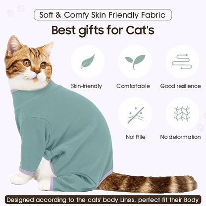 DENTRUN Cat Clothes for Hair Control with Hair Sticky Fabric - Soft Recovery Suit & Breathable Lint-Resistant Cat Sweater for Cats Only, Kitten Onesie Pajamas, XS, Bean Green