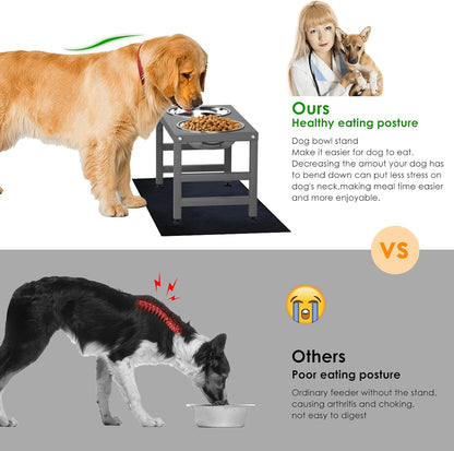 Metal Raised Dog Bowl, 10" Height Tall Elevate Dog Feeder Stand with 2 Stainless Steel 42oz Bowls & 16x24 Non-Slip Mat – Stronger Dogs Food & Water Bowl Stand (Grey)