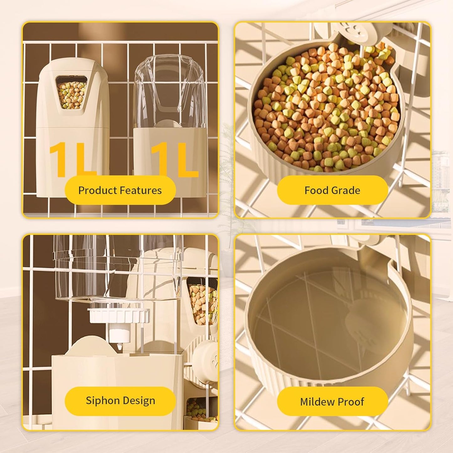 Rabbit Automatic Food Feeder and Water Dispenser Bunny Gravity Feeding Station Waterer Set Hanging Self-Dispensing Feeder for Ferret,Guinea Pigs Chinchillas Hedgehog (Grey)