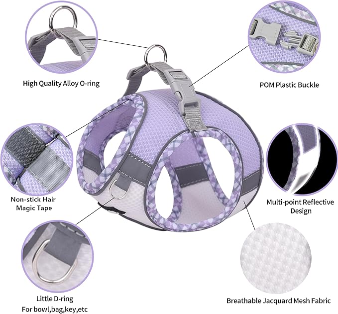 AIITLE Dog Harness and Leash Set - Ultra-Comfortable XXS-XL Vest with Strong Magic Tape & Glow-in-Dark Reflective Strips, Chafe-Free for Teddy, Schnauzer (Purple-White, M)