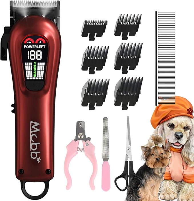 MCBB Dog Clippers- Low Noise Dog Grooming Kits 5-Mode Heavy-Duty Dog Clippers for Grooming with LED Display,Rechargeable Dog Grooming Kits, Auxiliary Light,Cordless Pet Grooming Tool