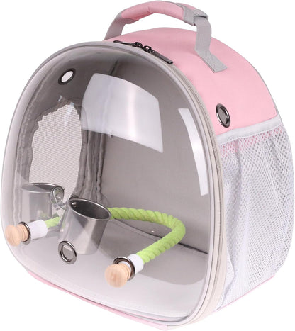halinfer Small Bird Travel Backpack Carrier Cage with Cups, Backpack to Transport Backpack Carrier with Clamp Cups Stand Perch for Parakeet Cockatiel Budgies Vet Carry Book Bag Pink