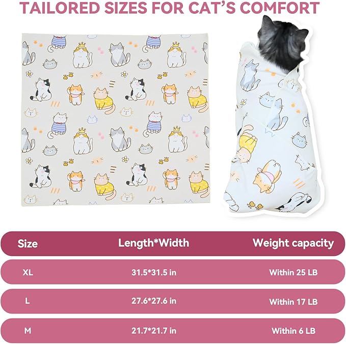 Cat Grooming Wrap for Cutting Nails, 27.6" Anti-Escape Calming Cat Swaddle Wrap for Medicine, Nail Clipping, Teeth Brushing, Ear Cleaning, Self-Adherent Burrito Restraint, (Cat Land, L)