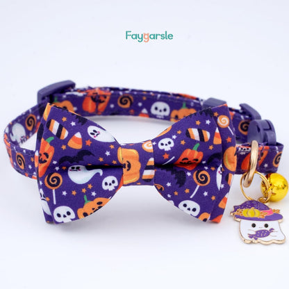 Faygarsle 2 Pack Cute Seasonal Cat Collar for Halloween and Fall Breakaway Collar with Bells Bowtie Cute Patterns for Female and Male Cats Orange Purple Cat Collar