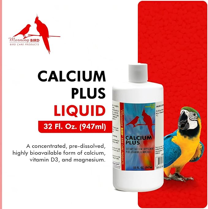 Morning Bird Calcium Plus Liquid for Birds – Bird Vitamins for Strong Eggshells, Healthy Bones, and Baby Bird to Support Growth, Breeding, and Wellness for All Birds 32 Fl Oz