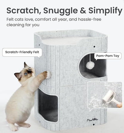 Made4Pets Cat House for Indoor Use, 2-Storey Cube Bed Cave, Covered Hideaway Condo with Scratch-Resistant Felt, Foldable Easy-to-Clean Design for Multi-Cat Homes, Marble White