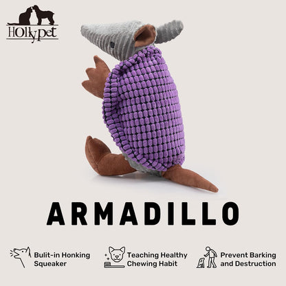 Hollypet Plush Dog Squeaky Toy Stuffed Armadillo Animal Pet Puppy Chew Toys with Clean Teeth for Small Medium Large All Breed Sizes Dogs, Purple, 14 in