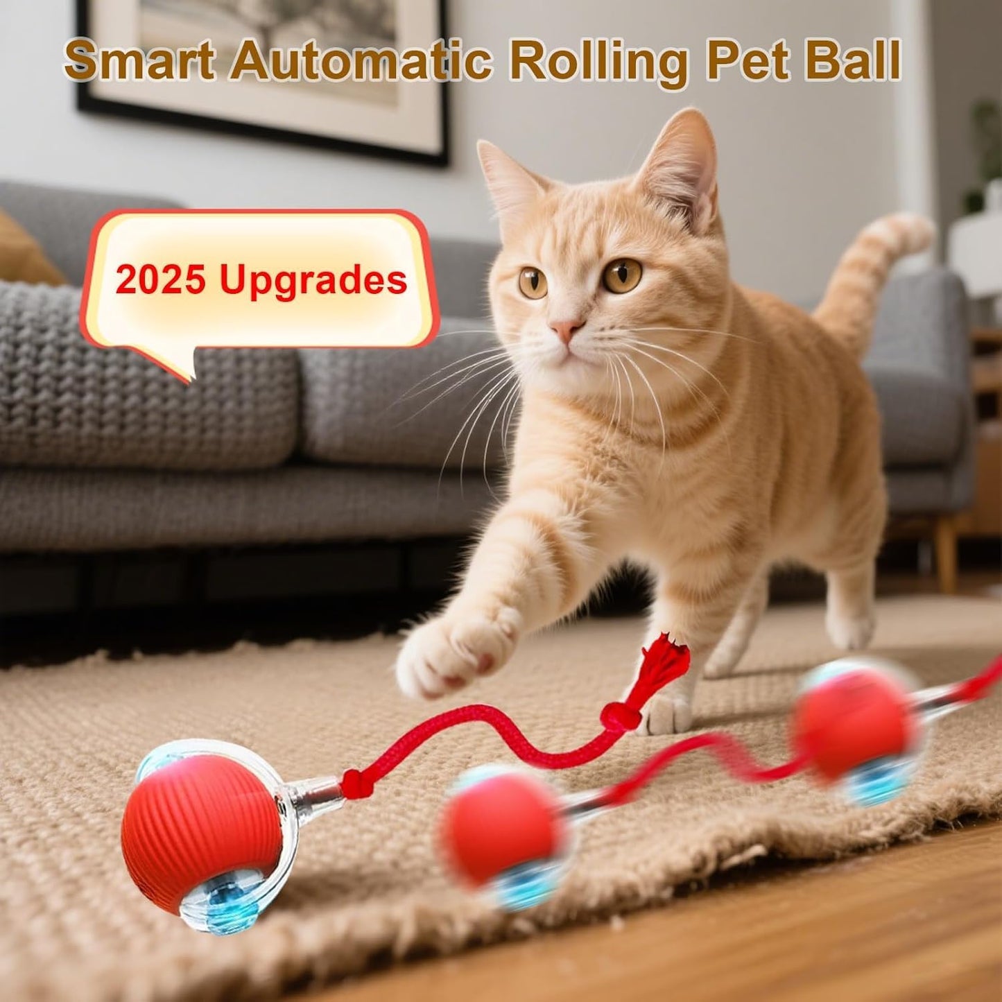 Interactive Cat Toy Ball, Smart Interactive Cat Toys, Smart Cat Toy for Enrichment, Motion Activated Automatic Cat Toys to Keep Them Busy (Red)