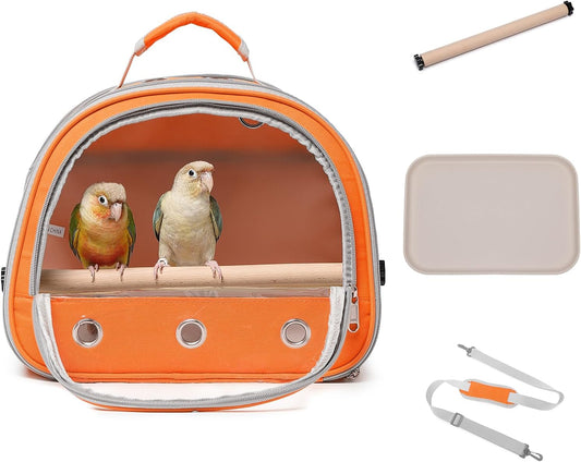 Bird Carrier,Bird Cage Parakeet Parrot Budgie Carrier Backpack for Small Birds, Travel Bird Cages with Perch, Transparent Ventilation Cockatiels, Lightweight Pet Carrier for Outdoor Use(Orange)