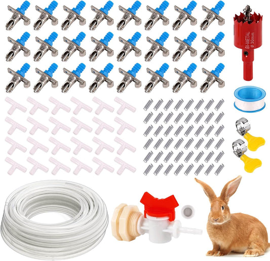 Automatic Rabbit Watering System, Rabbit Waterer Kit System Gravity Fed Include 24 Sets of Nipple Drinkers and 46 Feet of ID 5/16" Hose