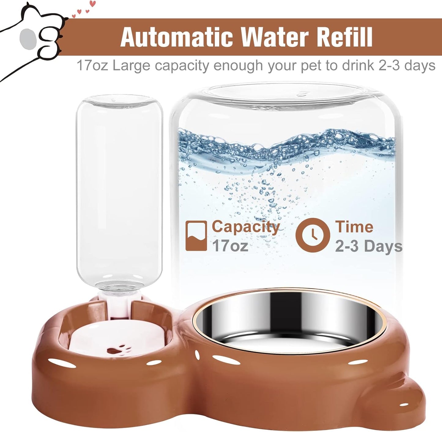 Dog Bowls, Cat Food and Water Bowl Set with Water Dispenser and Stainless Steel Bowl for Cats and Small Dogs - Brown