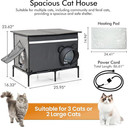 Heated Outdoor cat House for Outside, Weatherproof Insulated Feral Cat Shelter with Timer-Temp Control Heating Pad in Winter, Large Elevated Outdoor Cat House with Zipper, 2 Doors, Safety-Dark Gray