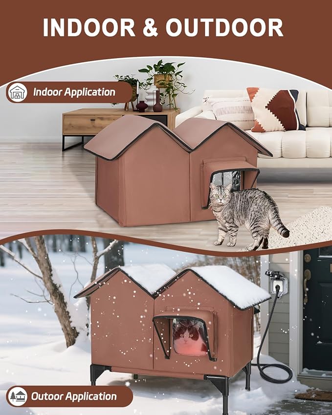 Heated Cat House for Outside, Large Elevated Waterproof Outdoor Cat House Weatherproof with Escape Doors and Heating Pad for Winter, Sturdy Insulated Outdoor Cat Shelter for Multiple Cats, Brown