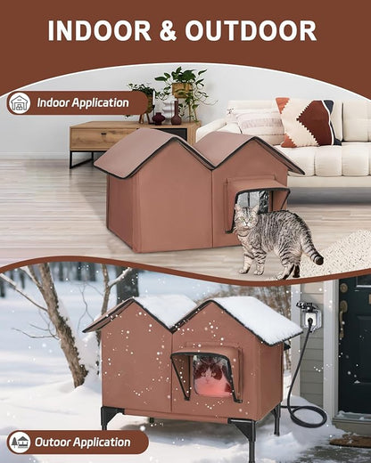 Heated Cat House for Outside, Large Elevated Waterproof Outdoor Cat House Weatherproof with Escape Doors and Heating Pad for Winter, Sturdy Insulated Outdoor Cat Shelter for Multiple Cats, Brown