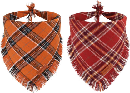 PTDECOR Fall Dog Bandanas with Tassels Edges, Orange and Brown Plaid Scarf Bib, Halloween Thanksgiving Autumn Pet Bandana, Reversible Triangle Bandanas for Small Dogs Puppies Cats(Small)