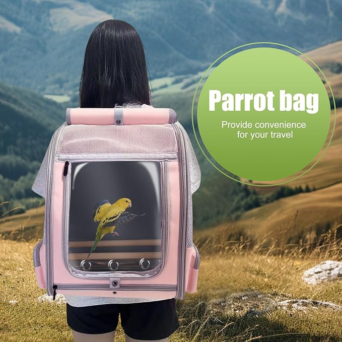 Parrot Carrier Backpack with Front Zipper Opening, Bird Travel Carrier Cage with Standing Perches and Metal Tray, Breathable Portable Transport Bag for Parakeet, Budgie, Conure, Cockatiel, Parrot