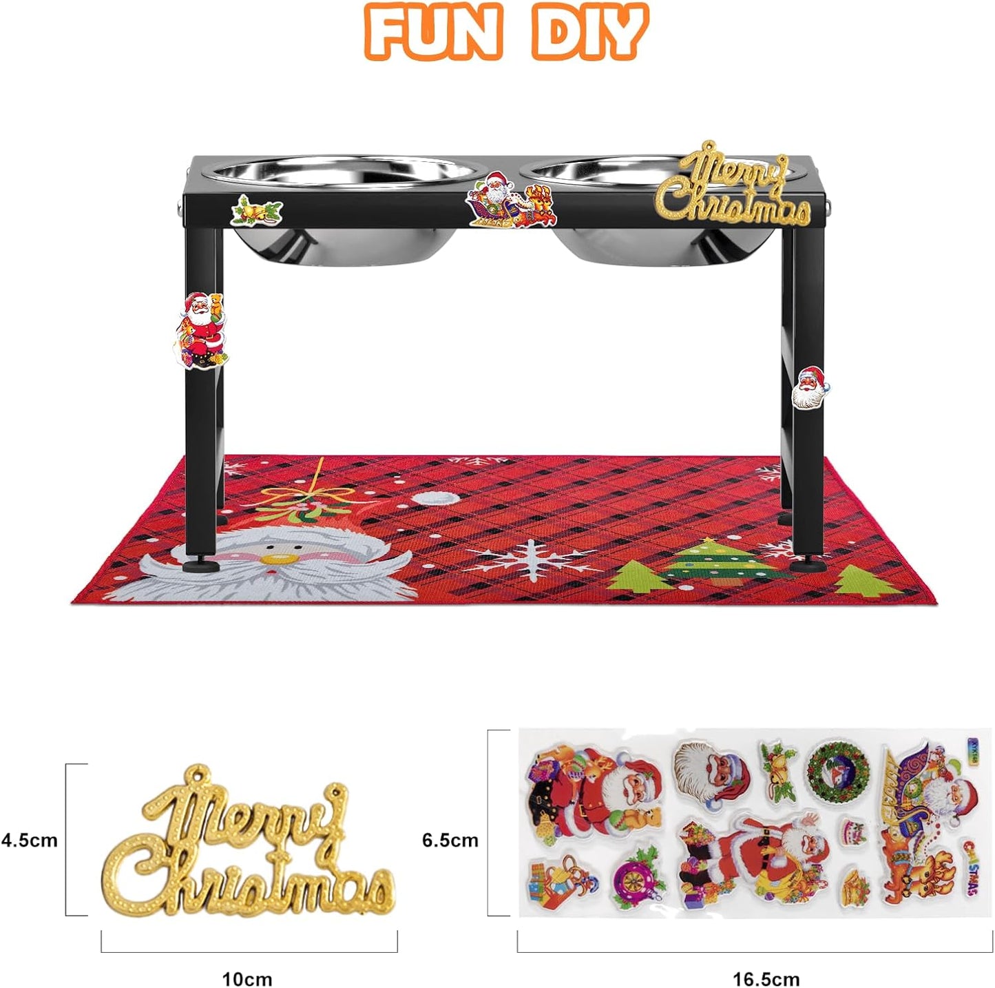 Raised Dog Bowl for Christmas, 10" Tall Elevated Dog Bowls with 2 Stainless Steel 42oz Bowls & 16x24 Non-Slip Mat, Raised Bowl Stand Gift for Dogs