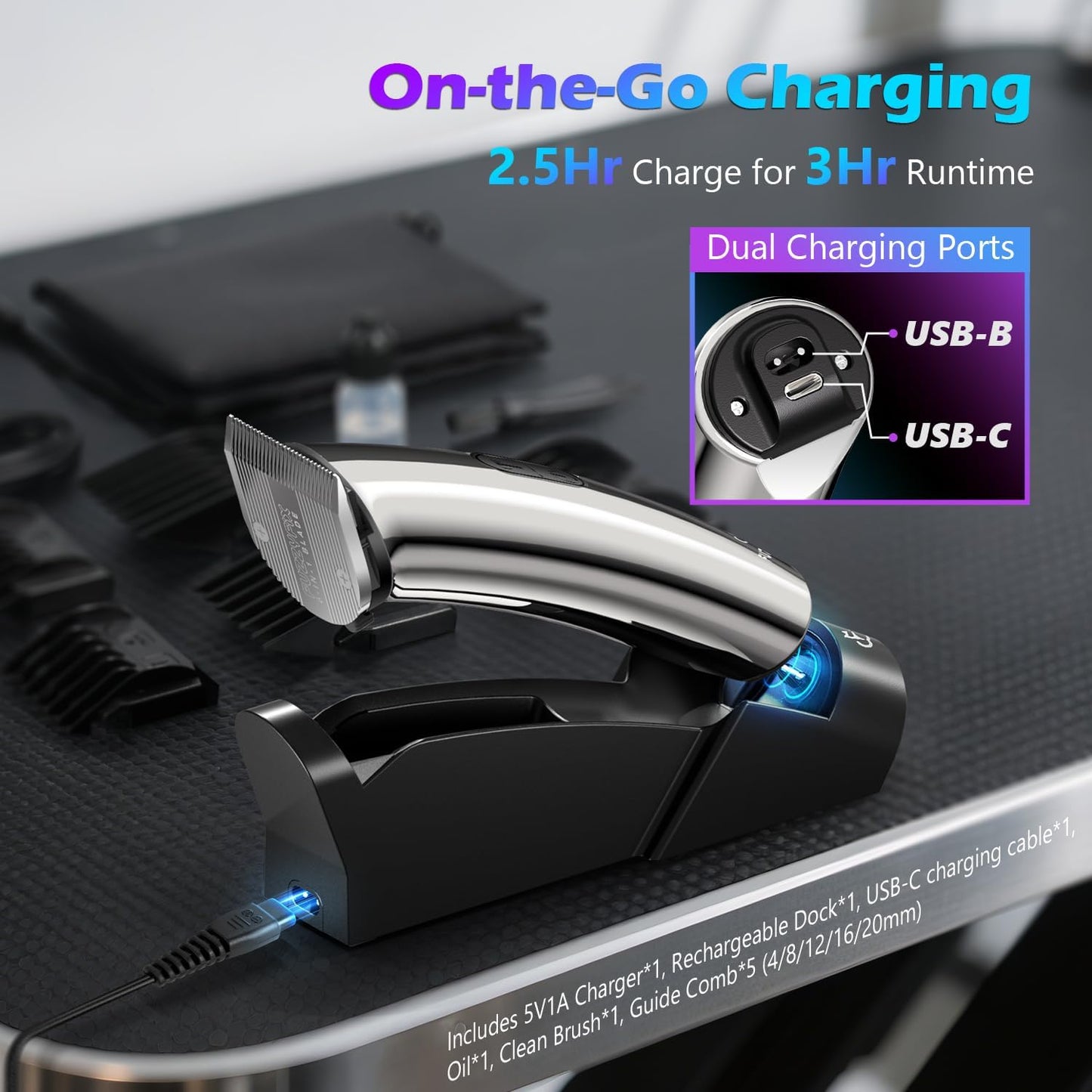 Professional Dog Grooming Clippers with Charging Dock, 5-in-1 Adjustable Blade Cordless Pet Grooming Kit 5 Speed Rechargeable Trimmer Hair Shaver with Detachable Guide Combs for Animal Horse