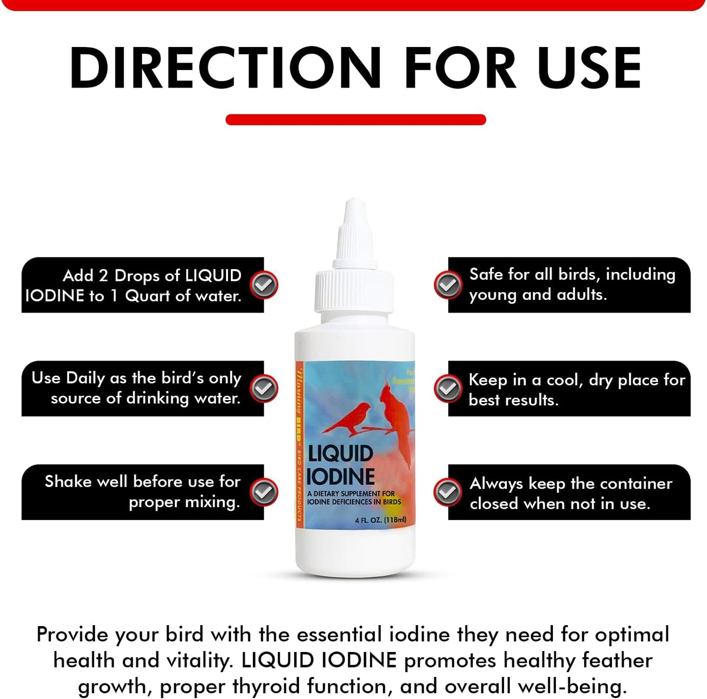 Morning Bird Liquid Iodine for Birds 4 fl. oz – Iodine Drops for Feather Growth, Support Molting, Energy & Thyroid – Easy-to-Use Mineral Supplement Formula for All Bird Types