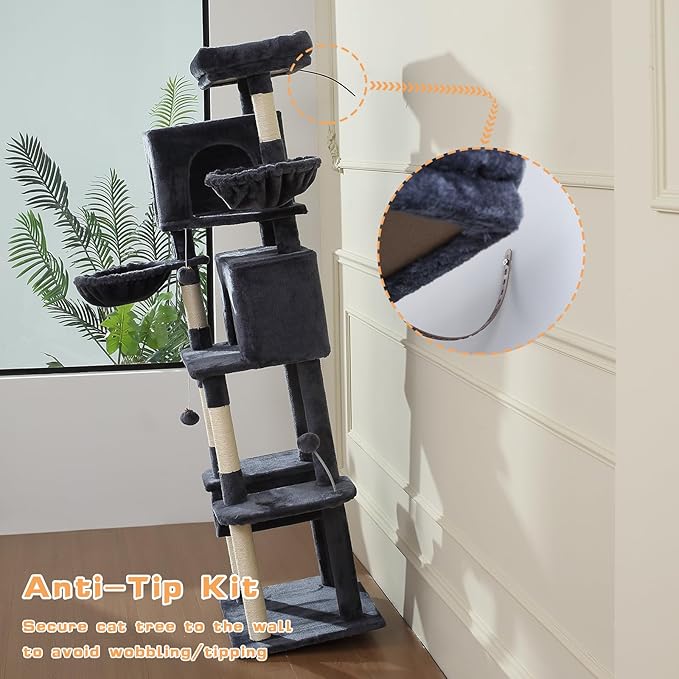 70-Inch Cat Tree,Large Cat Tree Tower with Hammock, Scratching Post, Condo and Multi-Level Cat Tower for Large Cats, Cat Activity Center Playhouse, Dark Gray LCT016