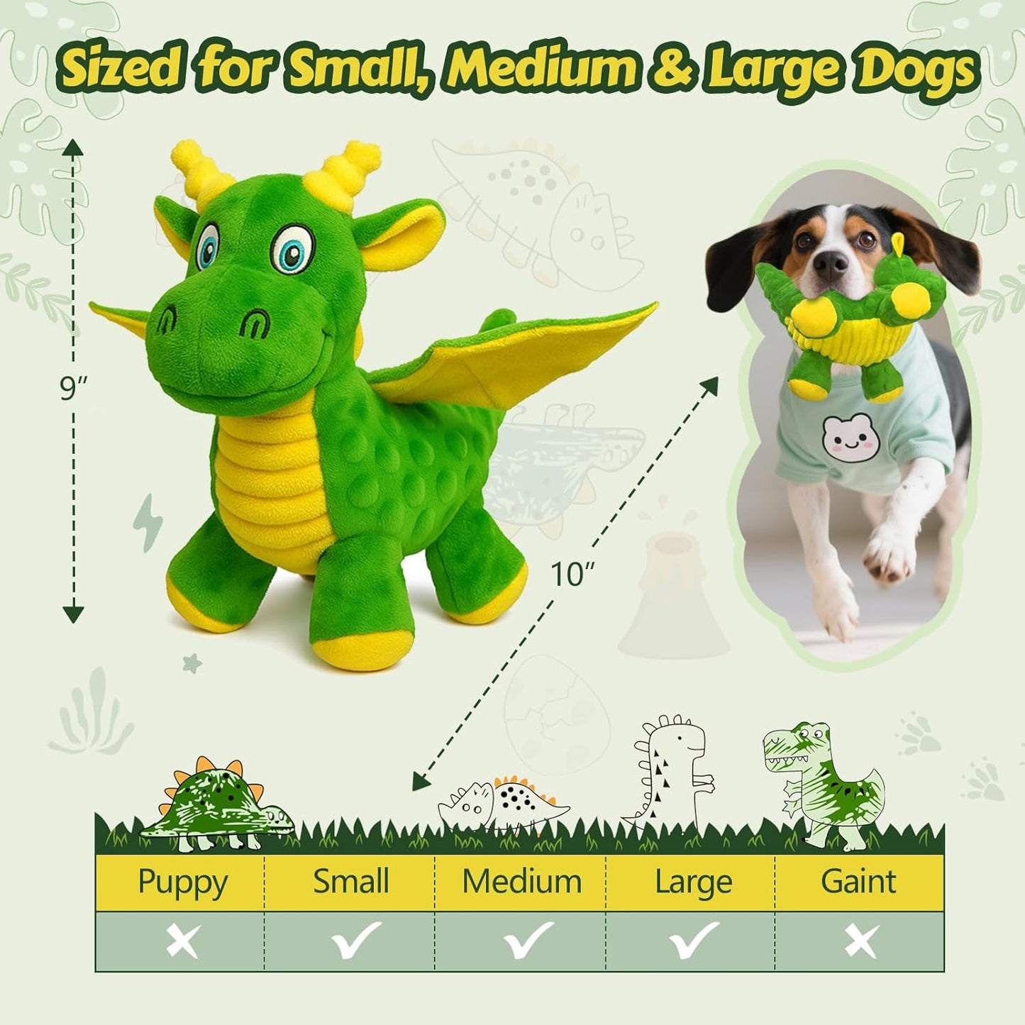 Squeaky Dog Toys - Soft Plush Dragon Dog Toy with 5 Squeakers & Crinkle Paper, Dog Toys for Small, Medium and Large Dogs to Keep Them Busy (Green,10")
