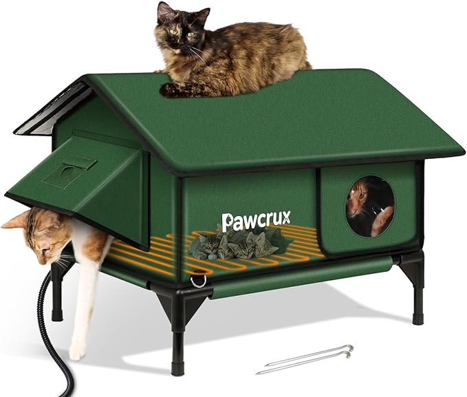 100% Waterproof Heated Cat House for Outdoor Cat with Safe Escape Door, Cat Bed Weatherproof Cat Shelter Kitty with Cat Heating Pad, Insulated Warm House for Feral Cat(Green, 24"x16"x20.2")