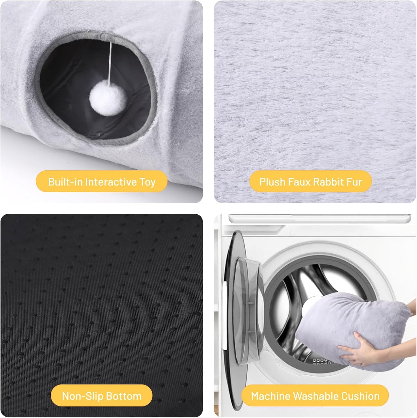 Luxury Plush Cat Tunnel Bed, White Faux Fur, Large Indoor Cat Hideaway, Cozy Sleeping Cave