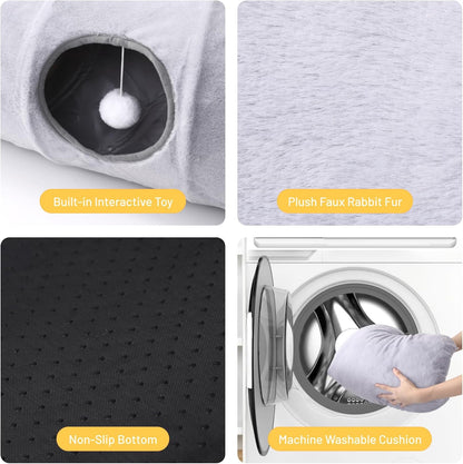 Luxury Plush Cat Tunnel Bed, White Faux Fur, Large Indoor Cat Hideaway, Cozy Sleeping Cave