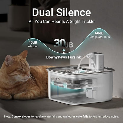 DownyPaws Cat Water Fountain Stainless Steel Cordless, 101 oz/3L FurSink Wireless Cat Water Dispenser for Pets, Battery Operated Pet Drinking Fountain with Motion Sensor, Easy Clean, White