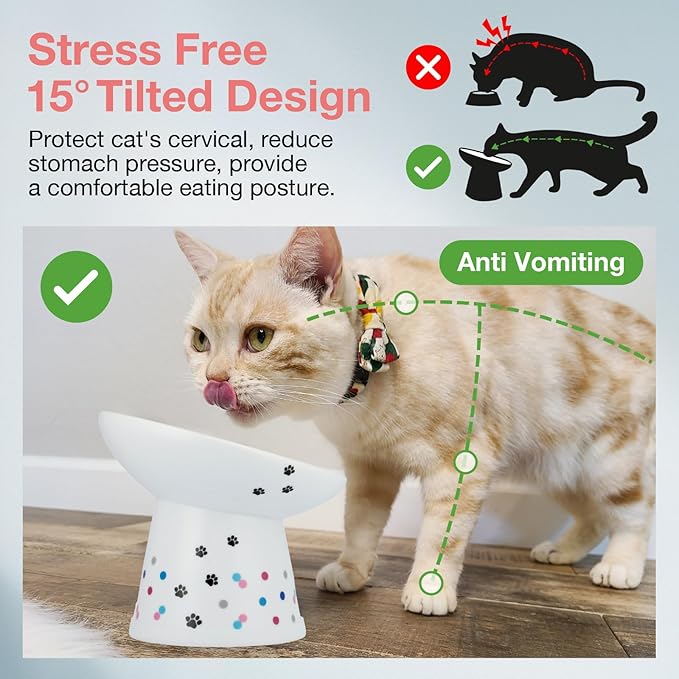 Necoichi Raised Cat Food Bowl – Ceramic Elevated 15° Tilted Cat Bowl for Whisker & Neck Fatigue Dishwasher Microwave Safe – Non-Slip Anti Vomiting Ergonomic Design (Colorful Dots, Extra Wide Tilted)