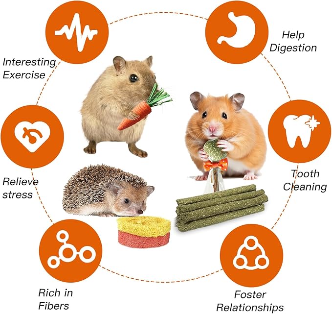 21 Pcs Rabbit Chew Toys for Teeth, Natural Bunny Toys Peach Wood Grass Timothy Sticks Chew and Treat for Guinea Pigs Hamster Chinchillas and Other Small Pets