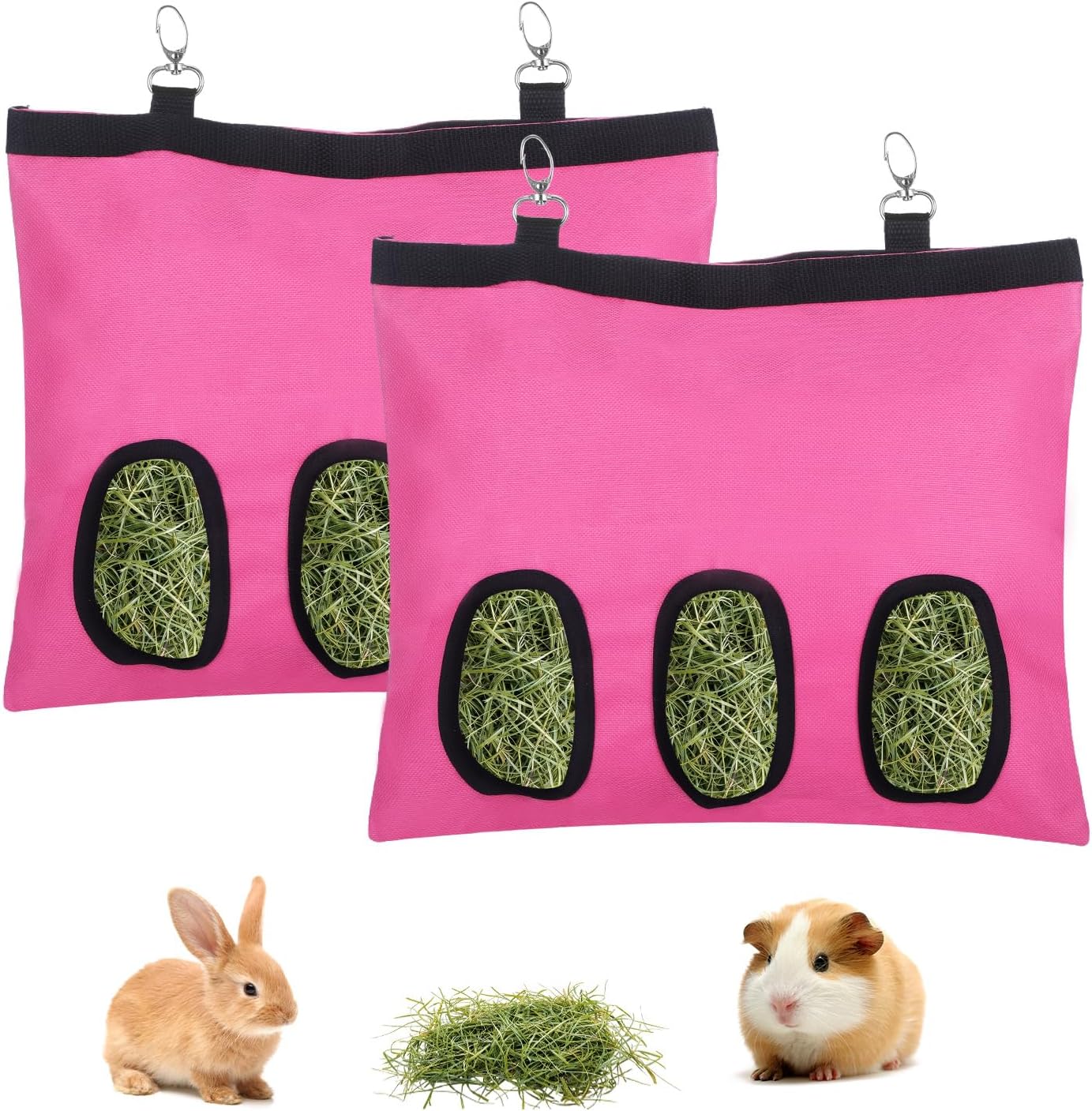 2 Pcs Rabbit Hay Feeder,Guinea Pig Hay Feeder,13×10.8 Inch Guinea Pig Bag,Small Animal Feeding Bag for Rabbits, Hamsters, Hedgehogs(3 Holes,Pink)