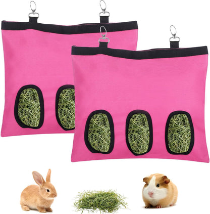 2 Pcs Rabbit Hay Feeder,Guinea Pig Hay Feeder,13×10.8 Inch Guinea Pig Bag,Small Animal Feeding Bag for Rabbits, Hamsters, Hedgehogs(3 Holes,Pink)