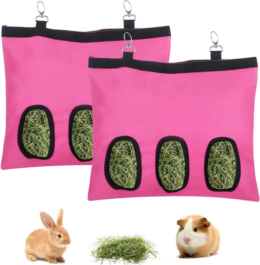 2 Pcs Rabbit Hay Feeder,Guinea Pig Hay Feeder,13×10.8 Inch Guinea Pig Bag,Small Animal Feeding Bag for Rabbits, Hamsters, Hedgehogs(3 Holes,Pink)