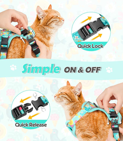 Halypet Cat Harness and Leash Set[MAX Safety 4th-Gen] Cute Escape Proof Vest Harness for Girl&Boy Cat Walking, Comfortable Adjustable Leash and Reflective Strips for Outdoor Kitten, XS Green Tropics
